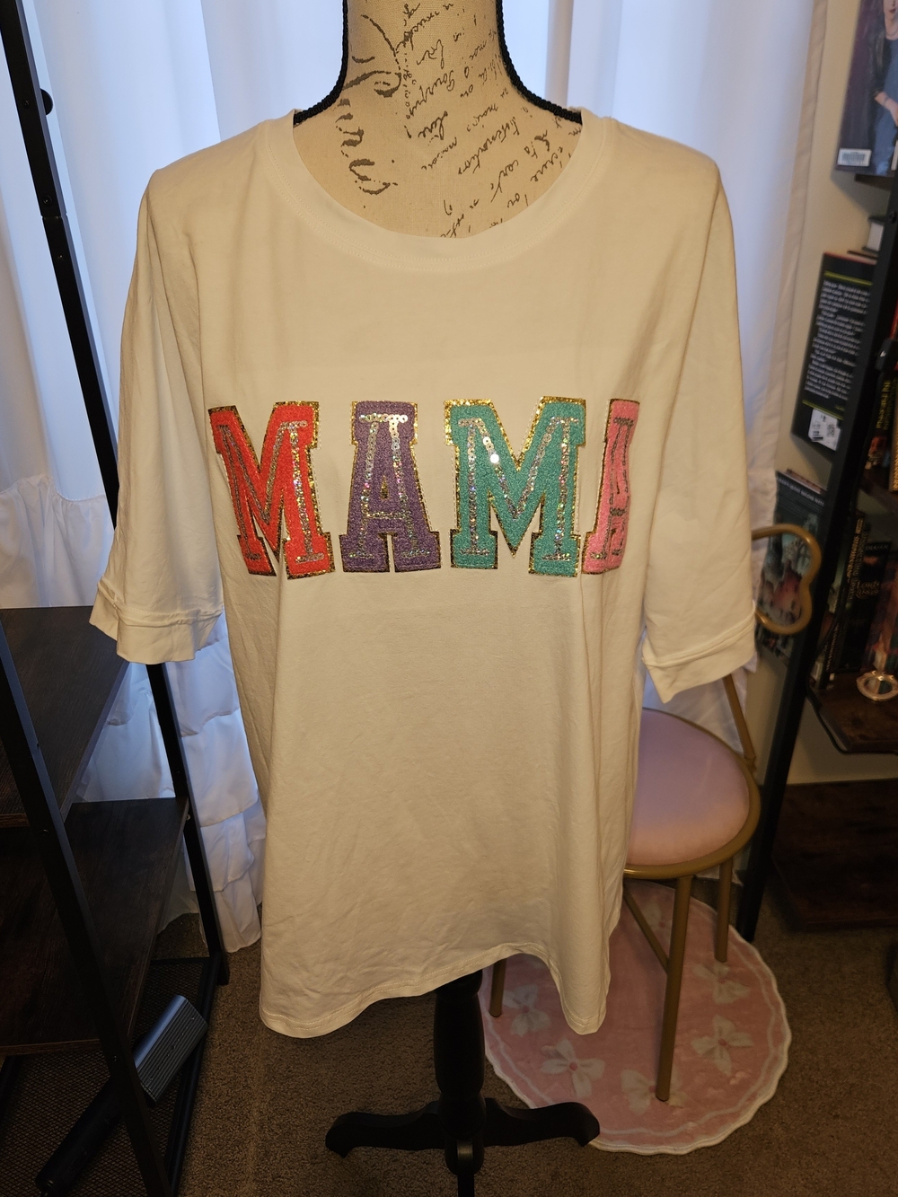 White Graphic Tee with Multicolor Sequin MAMA